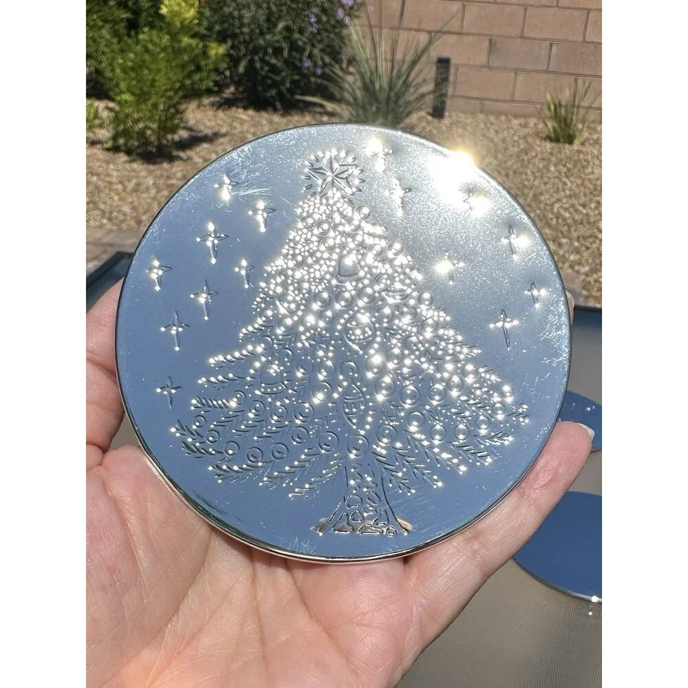 7 Piece Vintage Silverplate Christmas Tree Coasters 1 Base 6 Coasters New in Box